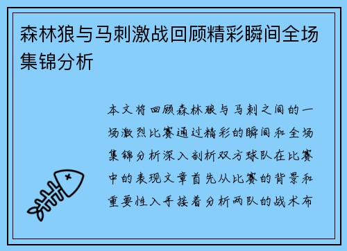 森林狼与马刺激战回顾精彩瞬间全场集锦分析